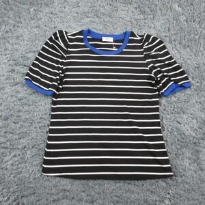 Beacon Apparel Shirt Womens Medium Black White Stripe Blue Trim Stretch